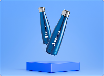Two metallic blue Barron branded stainless steel water bottles displayed on a blue platform showcasing premium promotional merchandise