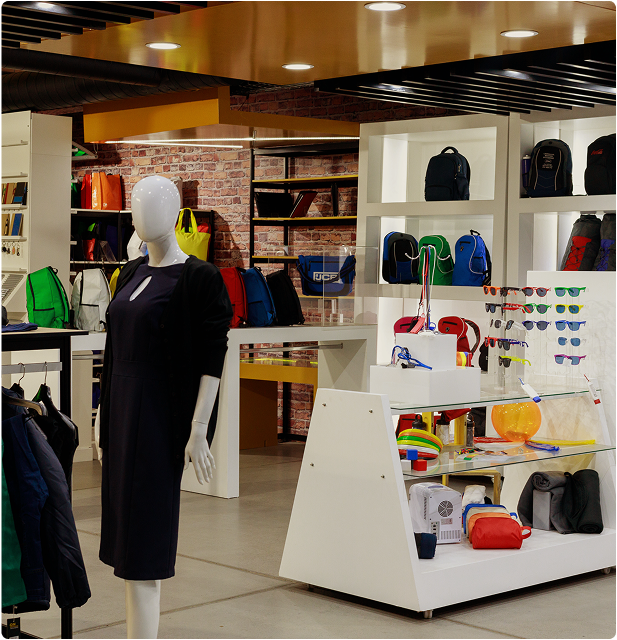 Barron showroom displaying branded corporate apparel, promotional backpacks, and custom merchandise including bags, sunglasses, and accessories